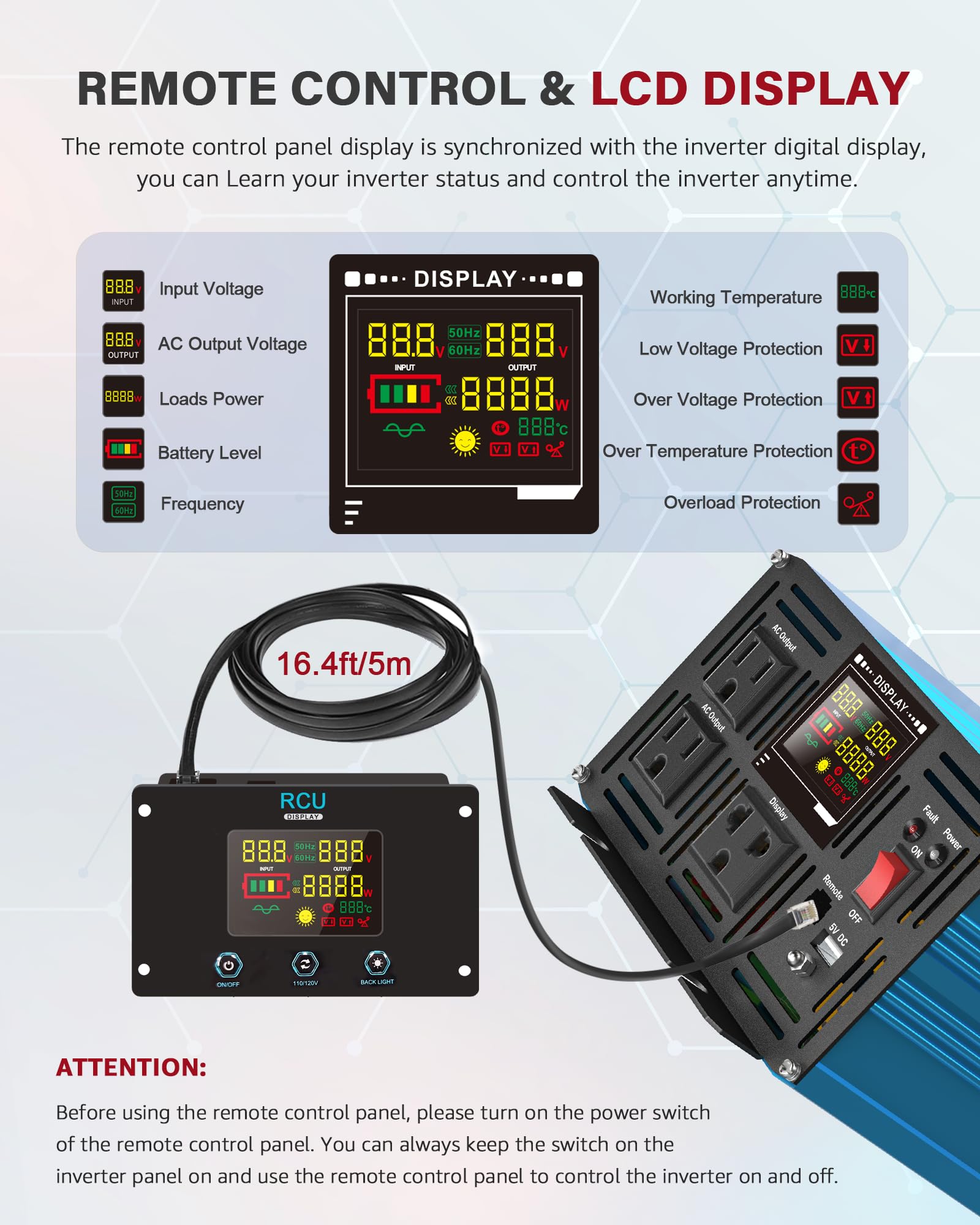 2000 Watt Inverter Pure Sine Wave DC 24V to 110V/120V AC Power Inverters with 3 AC Charger Outlets Car Solar Converter for Vehicles Home with LCD Display and 2.4A USB Charging Port