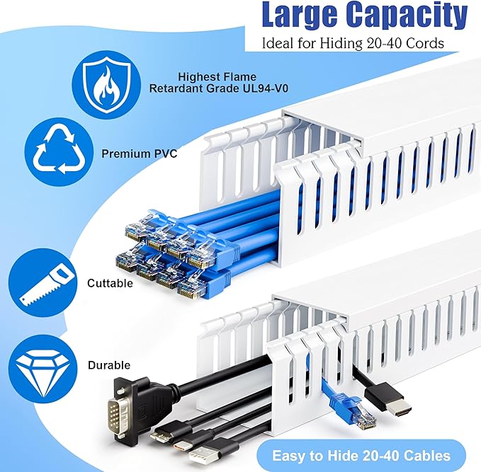 ZhiYo 2x2in Professional Server Rack Cable Management Raceway, 78in(2xL39in) Cable Raceway Kit, Electrically Safe PVC Open Slot Wire Cover, Cord Hider for Under Desk/Computer/Network Cords White