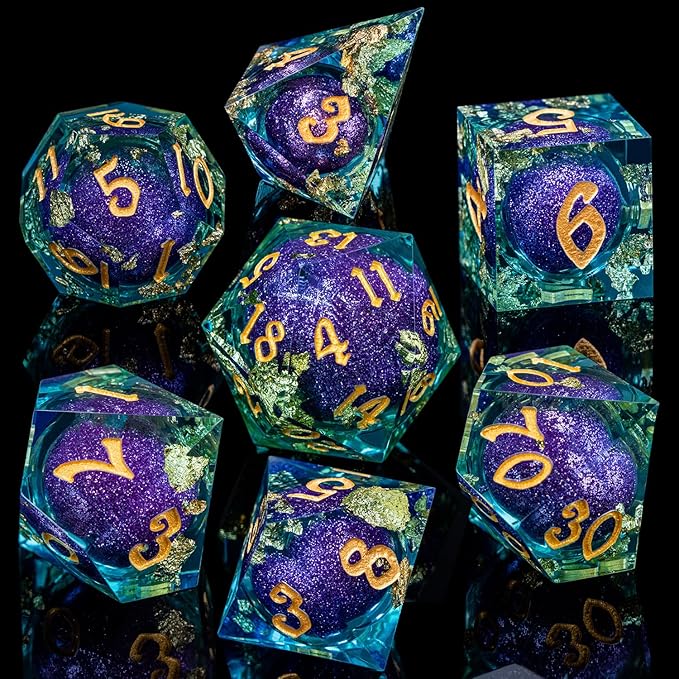 ARUOHHA Liquid Core DND Dice Set, 7pcs Resin Sharp Edged Dragons Dice RPG Role Playing Games, Purple Blue Polyhedral Dungeons D and D Dice with Gift Box D20 D12 D10 D8 D6 D4