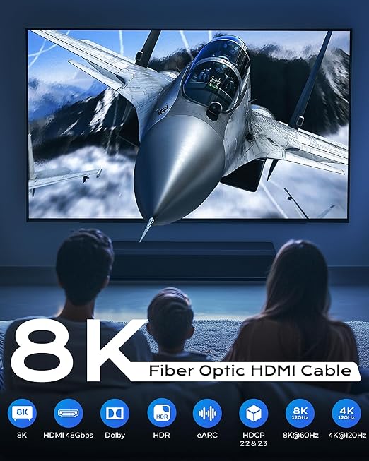 8K Long Fiber Optic HDMI Cable 100FT - 48Gbps, High Speed HDMI Cord CL2 in Wall,8K 60Hz,4K120Hz,HDCP 2.2&2.3,HDR10 - Compatible with HDTV/Monitor/Projector