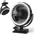 8-Inch Portable Camping Fan with Light, 10000mAh Rechargeable Battery Operated, 3 Speeds Cordless Clip on Table Fan with Hook & Light for Golf Cart Camping Tent Travel Jobsite Hurricane Power Outage