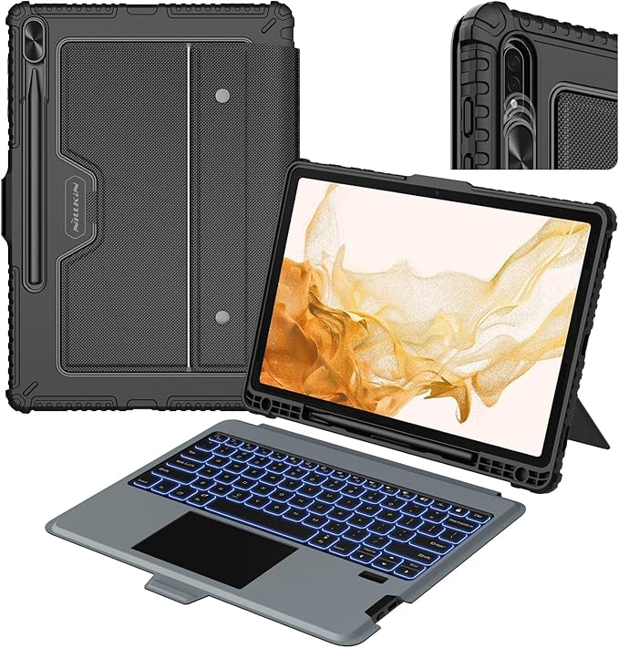 Nillkin for Samsung Galaxy S7 FE/ S7+ Plus/ S8+ Plus 12.4 Inch Keyboard Case,7 Backlight Colors, Magic Trackpad,S Pen Holder,Slide Camera Cover Compatible with Galaxy S8 Plus Tablet Case with Keyboard