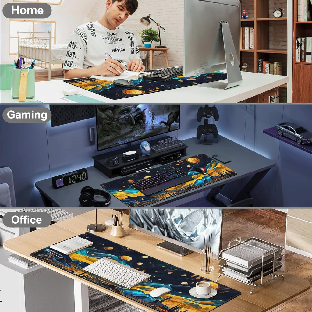 The Starry Night Desk Mat,Large Vincent Van Gogh Oil Painting Gaming Keyboard Mouse Pad,Non-Slip Rubber Base Desk Pad Thick Stitched Edges Waterproof Mousepad Mouse Mat 31.5"x11.8"