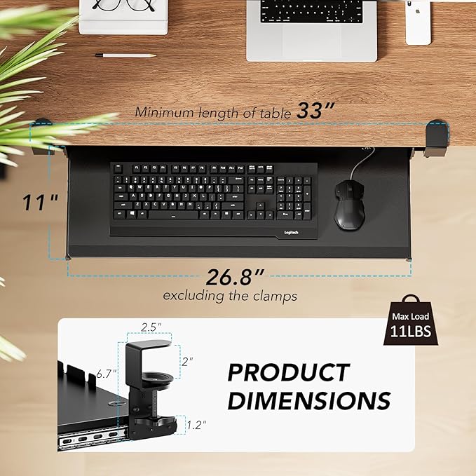 AX WABER Keyboard Tray Under Desk Pull Out with Extra Sturdy Adjustable C Clamp Mount System, 27.3 (32.5 inch Including Clamps) x 11 Inch Slide-Out Platform Computer Drawer for Typing, Black,AX01WB01