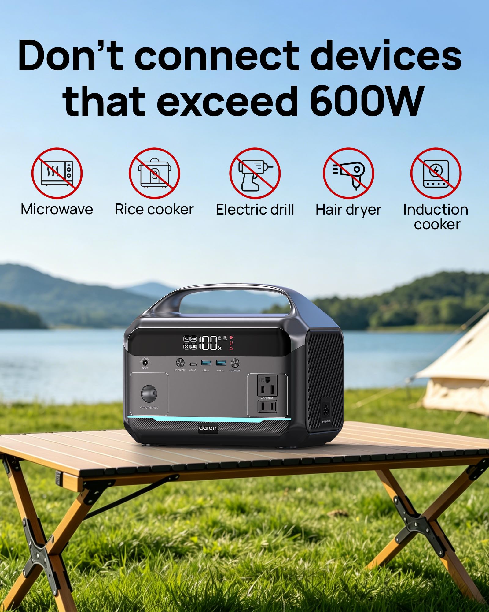 Portable Power Station 1200W Surge, 288Wh LiFePO4 Battery Solar Generator, Power Bank with 600W AC Outlet 110V, PD 100W Output Fast Charging for Outdoors Camping, Home Emergency, Hunting Blackout