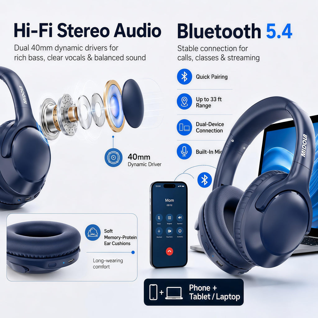 MIDOLA Bluetooth Headphones Over Ear, 68H Playtime Wireless Headphones with Microphone, 6 EQ Modes, HiFi Stereo Deep Bass, Foldable Lightweight Headset for Home Office, Cellphone, PC, Blue