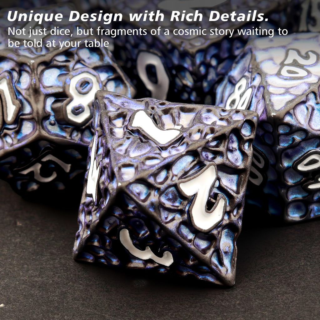PJOY Metal DND Dice Set for Dungeons and Dragons Dice with Case Meteorite Black Blue Glitters 7PCS 16mm Role Playing Cool DND Gifts for Players D&D DM Game Masters