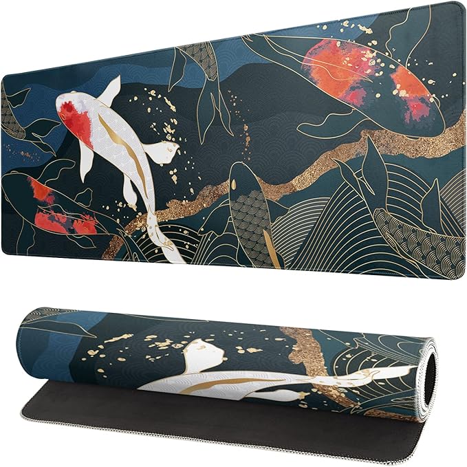 Fish Art Mouse Pad 31.5x11.8 Inch Japanese Gaming Full Desk Mousepad Extended Large Non-Slip Rubber Base Waterproof Big Keyboard Mat with Stitched Edges for Home Gaming and Office