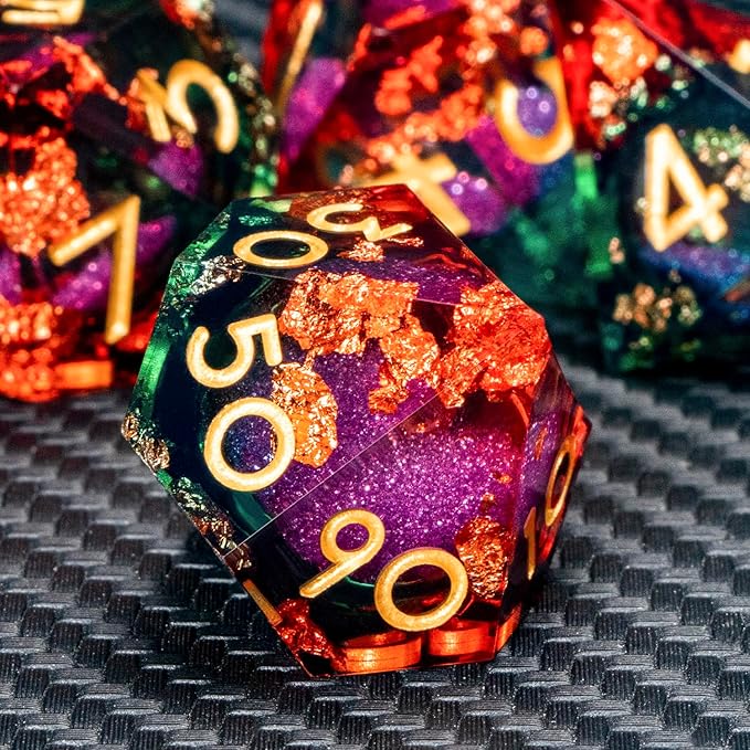 ARUOHHA Liquid Core DND Dice Set, 7pcs Resin Sharp Edged Dragons Dice Compatible with D&D Role Playing Games, RPG Golden Numbers Orange Green Dungeons Polyhedral D and D Dice with Gift Box D20 D10 D6