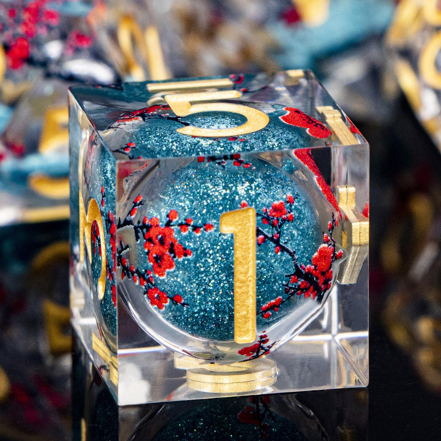 ORIFANTOU Plum Blossom DND Dice Blue Liquid Core Dice Set with Metal Box, Handmade Sharp Edge Dice D and D Polyhedral Dice for use with D&D RPG Role Playing Game