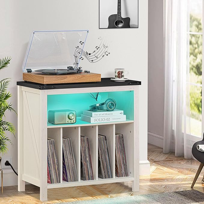 Large Record Player Stand with Charging Station & LED Lights, Vinyl Records Storage Holder Cabinet Holds up to 230 Albums, Turntable Stand for Music Room, Bedroom, Living Room, Office (White)