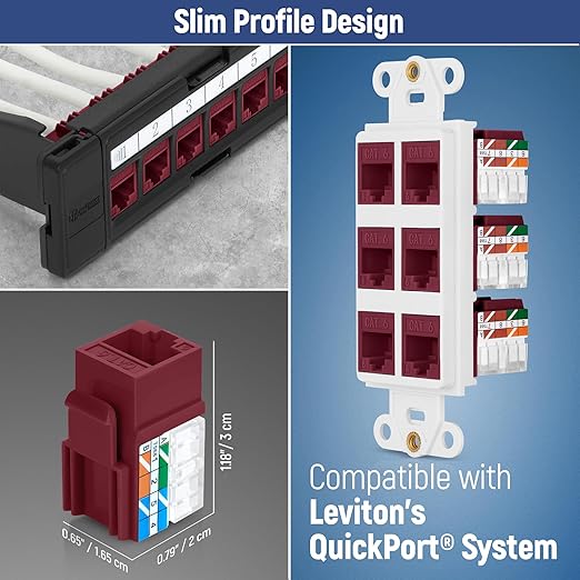 Everest 90° Angled RJ45 Cat6 Keystone Jacks 10-Pack in Red - Slim Profile Female RJ45 Connectors - Cat 6 Keystone Jack - Compatible with 90° Angled Speed Termination Tool - easyJACK (B094WB91H3)