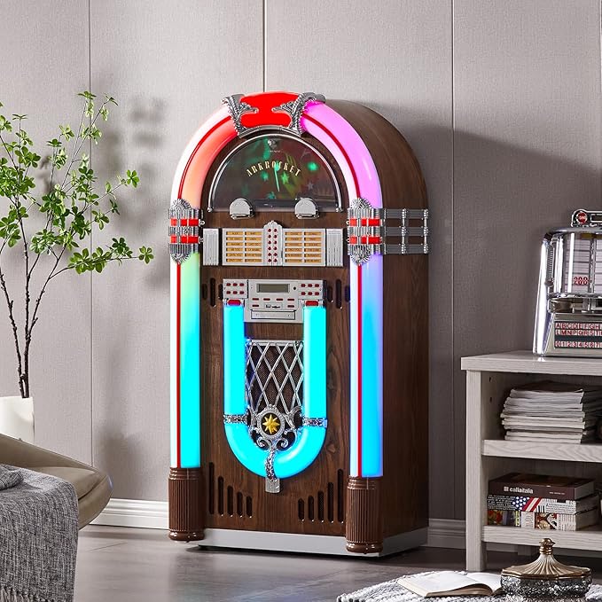Arkrocket Saturn V Full Size Jukebox Vinyl Record Player Bluetooth USB SD CD Player Radio Retro Turntable Classic Jukebox 51 inch (Saturn V - Dark Oak)