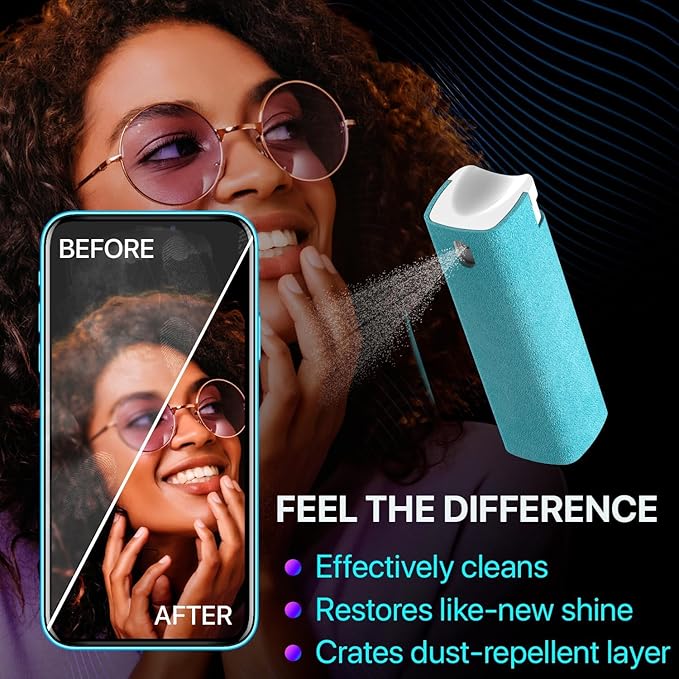 Mini Screen Cleaner Spray – Finger Proof Screen Cleaner for Smartphones, iPads, MacBooks, Laptops, Car Screens, Touchscreens – 3in1 Mist Cleaner, Microfiber Cloth and Protective Cover (Green)