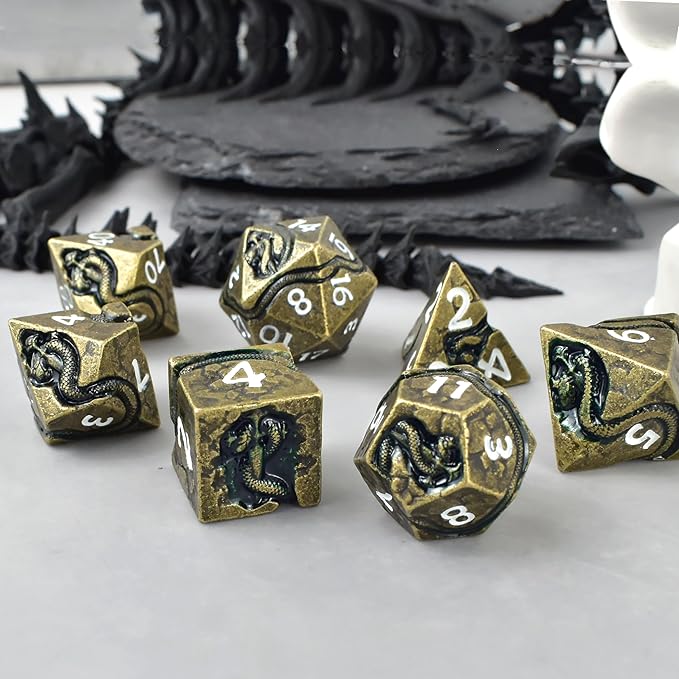 RULE DICE Metal D&D Dice, DND Dice Set, Polyhedral Dice for Dungeons and Dragons RPG Games | 7pc D and D Dice Set with Green Serpent | Gift for TTRPG Players