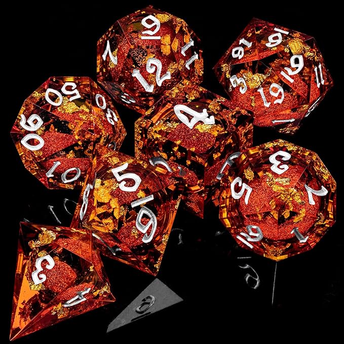 ARUOHHA Liquid Core DND Dice Set, 7pcs Resin Sharp Edged Dragons Dice Role Playing Games, RPG Silver Numbers Red Dungeons Polyhedral Dice with Gift Box D20 D12 D10 D8 D6 D4