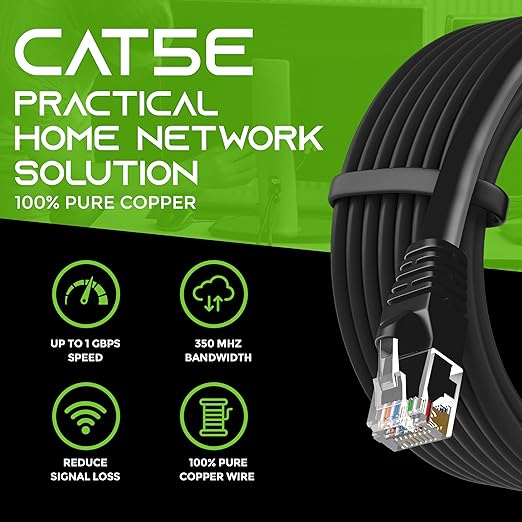 GearIt 50-Pack, Cat5e Ethernet Patch Cable 1 Foot - Snagless RJ45 Computer LAN Network Cord, Black