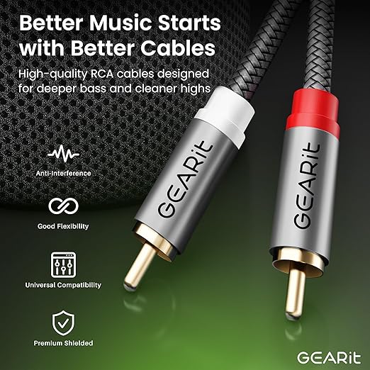 GEARit RCA Cable (20FT) 2RCA Male to 2RCA Male Stereo Audio Cables Shielded Braided RCA Stereo Cable for Home Theater, HDTV, Amplifiers, Hi-Fi Systems, Car Audio, Speakers, 20 Feet