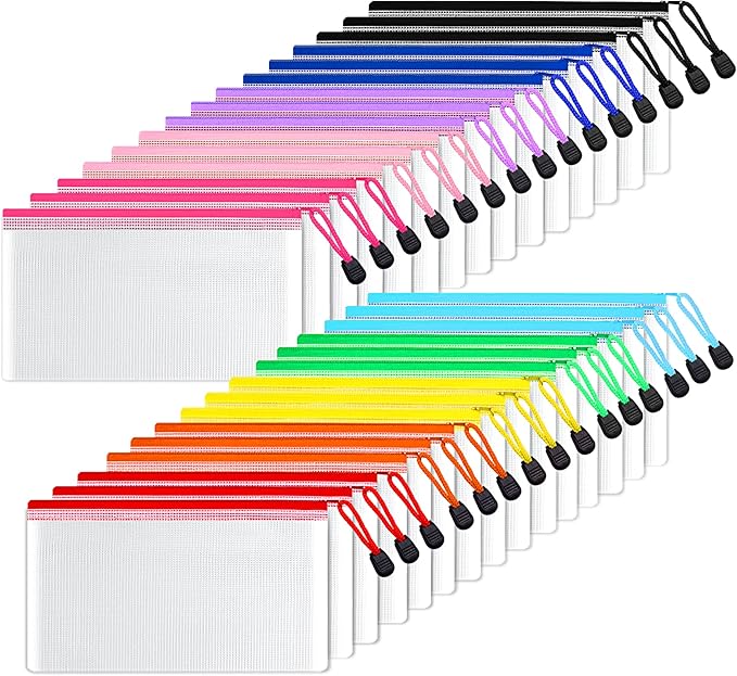 SUNEE Mesh Zipper Pouch 4.6x9.2in (10 Colors, 30 Packs), Mesh Bags with Zipper for School Office Supplies, Travel Accessories, Waterproof Zipper Pouches for Organizing