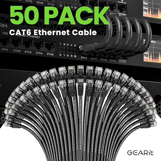 GEARit Cat 6 Ethernet Cable Pack - 50-Pack 0.5 ft Cat6 Ethernet Patch Cables | RJ45 Network Patch Cable, 10 Gbps Snagless Gold-Plated Connectors - Ethernet Cable Cat 6 for PC, TV, Router - Black