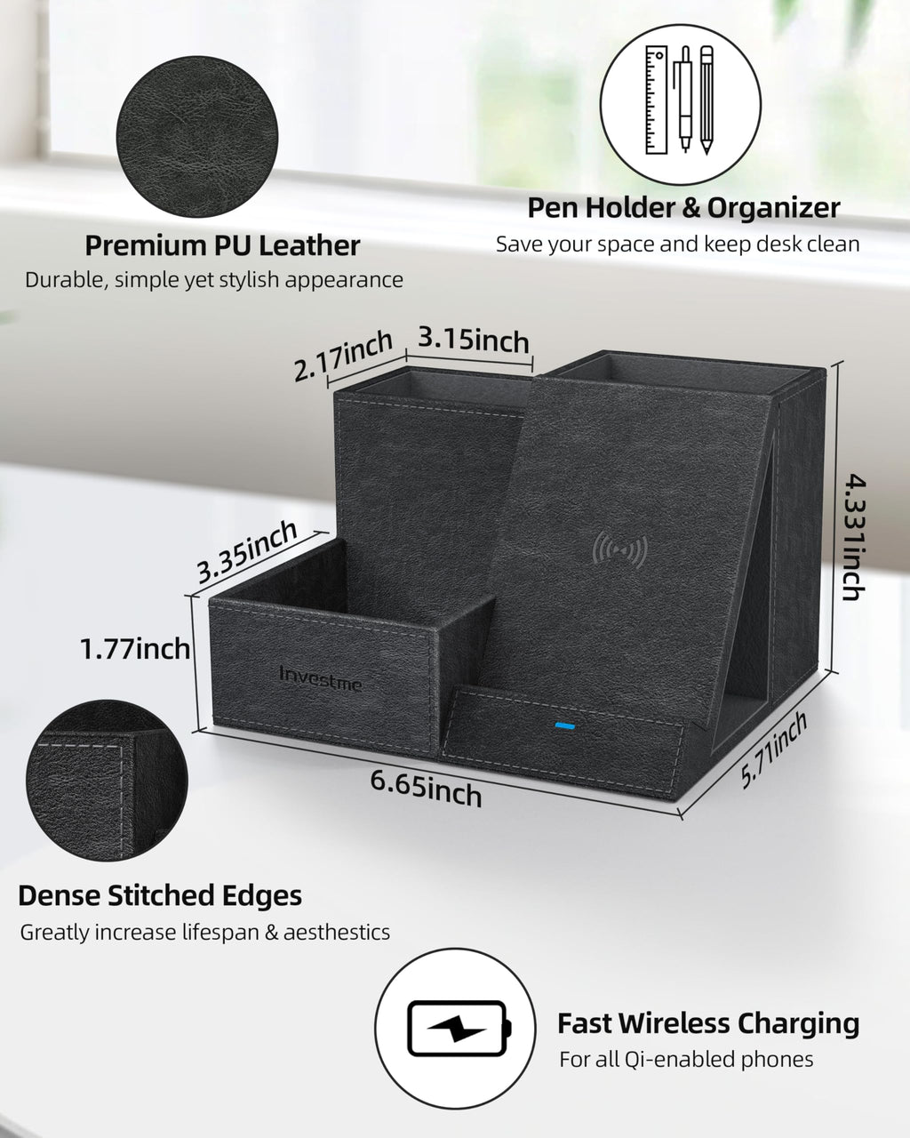 Investme Wireless Charger with Desk Organizer, Pen Pencil Holder, Multifunctional Desktop Organizer, Office Supplies and Desk Accessories Organizer with 3 Compartments and 1 Phone Stand, PU Black