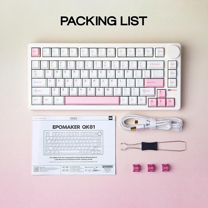 EPOMAKER QK81 75% Wireless Mechanical Gaming Keyboard, QMK/VIA Programmable and Hot-Swappable, 81 Keys with Metal Knob, 2.4Ghz/BT/USB, Creamy Gasket-Mount, RGB Backlight (White, Wisteria Switch)