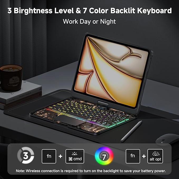 iPad Keyboard Case for 2024 M4 iPad Pro 11 inch, Magic Wireless Keyboard with Trackpad 7 Color Backlit, 360° Rotating Stand Transparent Protective Cover with Pencil Holder (Black)