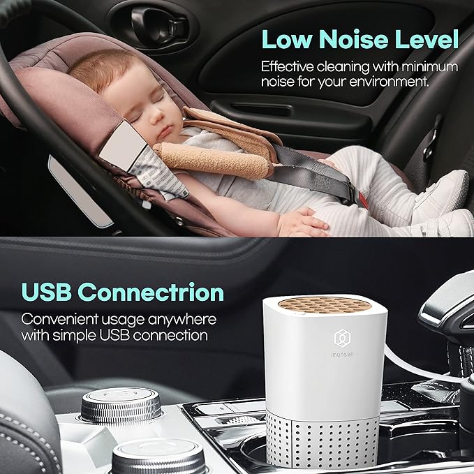 IMUNSEN M-003W True HEPA 13 Filter Air Purifier for Car, Desk, and Office with Carbon Deodorization Filter, 4-Stage Filtration, Smoke, Odors, Allergens, USB Port 5V, Made in Korea - White