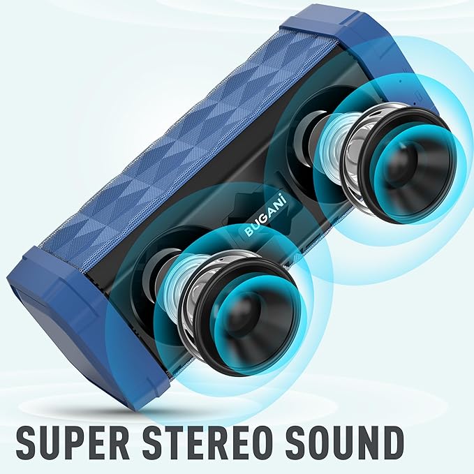 BUGANI Bluetooth Speakers Portable Bluetooth Speaker, 100ft Wireless Range, Louder Volume, Stereo Sound, Amazing Bass 24H Playtime, IPX5, Built-in Mic, Wireless Speaker for Ourdoor Indoor(Blue)