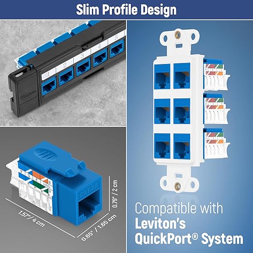 Everest 45° Angled RJ45 Cat6A Keystone Jacks 20-Pack in Blue - Slim Profile Female RJ45 Connectors - Cat 6A Keystone Jack - Compatible with 45° Angled Speed Termination Tool - 45Term (B0BL3GS7ZY)