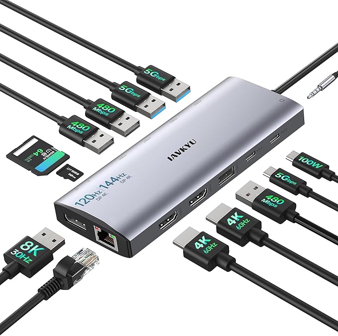 Triple Monitor Docking Station, 14-in-1 USB C Hub with DP 8K@30Hz/4K@144Hz, Dual HDMI 4K@60Hz, 100W PD, 7 USB Ports, SD/TF Card Reader, Gigabit Ethernet for MacBook & Windows Laptop