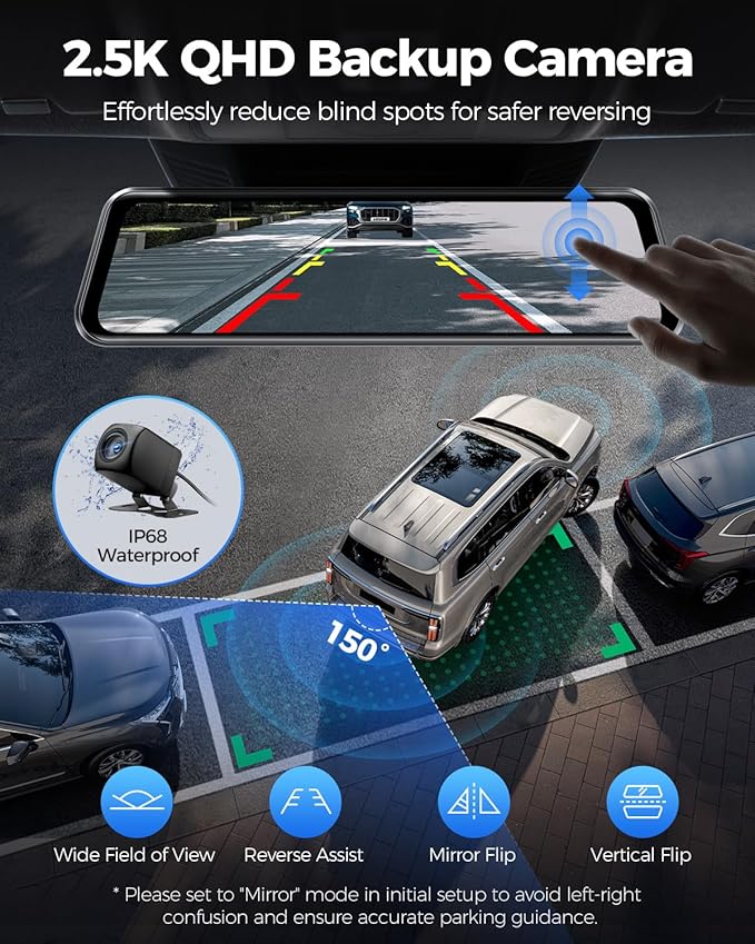 AZDOME PG17 Max 4K+2.5K Mirror Dash Cam with ADAS, BSD and LCA, 12" Rear View Mirror Camera with 5GHz WiFi and Voice Control, Rearview Mirror Backup Camera Includes 64GB Card, GPS, Parking Monitor