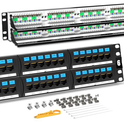 AMPCOM CAT6 48 Ports Patch Panel, Rack Mount - 2U, 19 inch, RJ45 Ethernet 568A 568B, 50u Gold Plated, with Rear Cable Management Bar