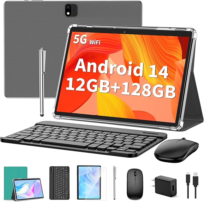 Android Tablet with Keyboard, Android 14 Tablet, 12(6+6) GB+128GB, 1TB Expand, 2 in 1, Mouse, Stylus, 8000mAh Battery, 2.4G/5G WiFi, GPS, Green Case