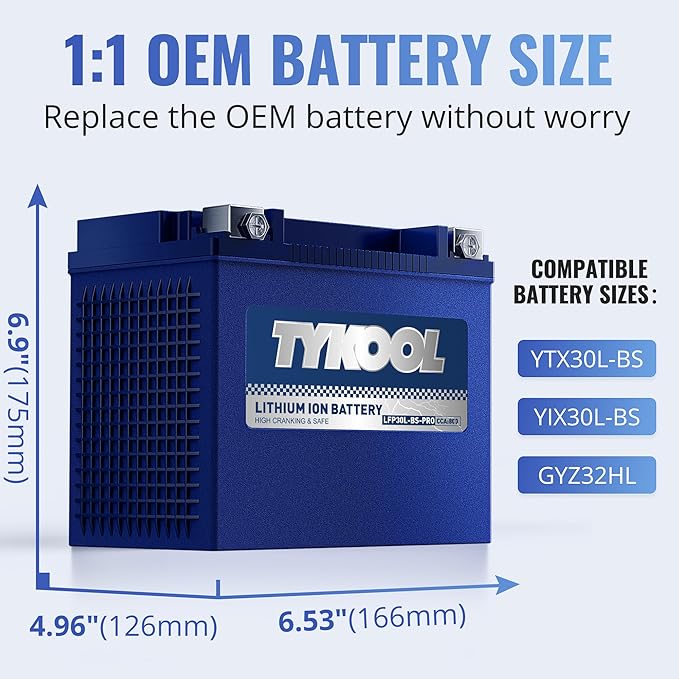 TYKOOL YIX30L/YTX30L-BS High Performance LiFePO4 Lithium Motorcycle Battery,800CCA,12V 18Ah,Digital Readout, Powersports Battery,Compitable for Harley Davidson,ATV,UTV,Snowmobile,Riding Lawn Mower