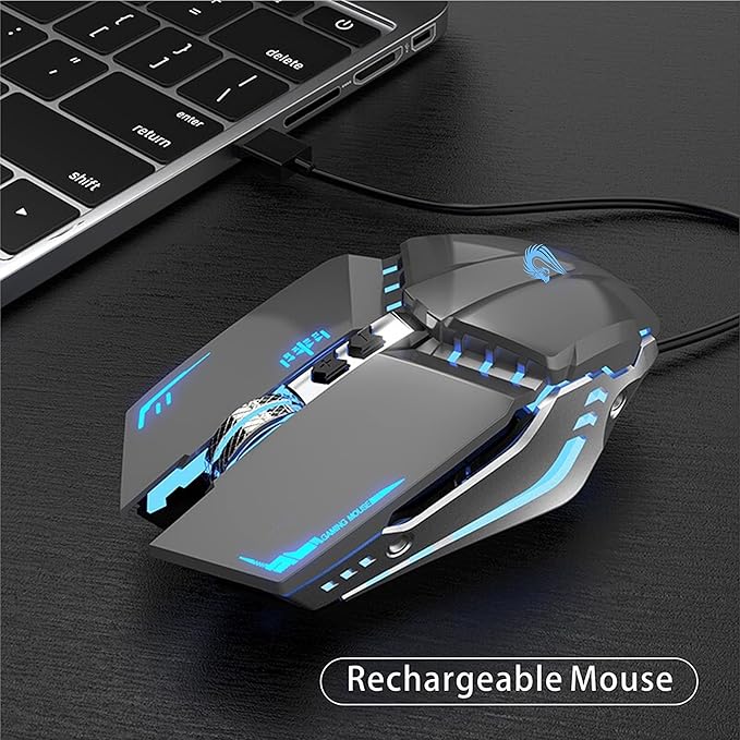 TENMOS T12 Wireless Gaming Mouse Rechargeable, 2.4G Silent Optical Wireless Computer Mice with Changeable LED Light for Laptop PC, 7 Buttons, 3 Adjustable DPI (Grey)