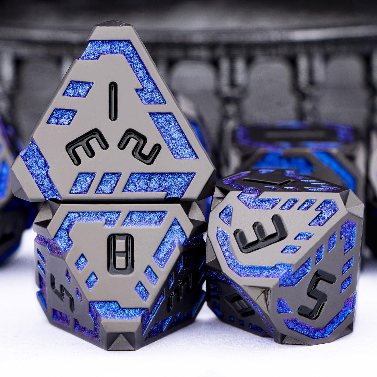OGCOPHEN Metal DND Sci-fi Dice Set 7PCS Stripe Polyhedral Dice for Dungeons Dragons RPG Role Playing Game, Glitter D and D Dice with Gift Box D6 D8 D10 D12 D20 (Black&Blue Purple)