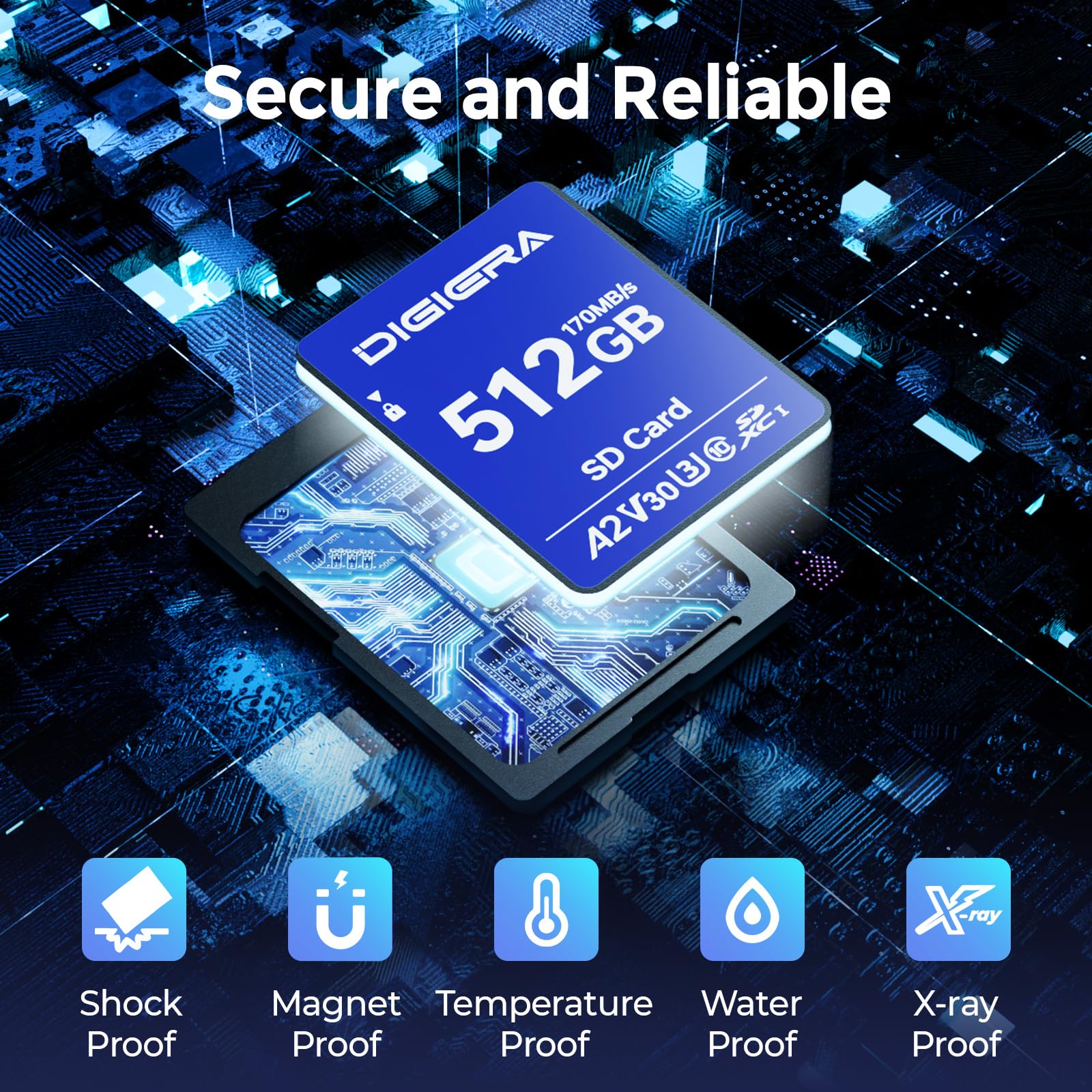 DIGIERA 512GB LS100 SDXC UHS-I Memory Card - up to 170MB/s, C10, U3, V30, 4K UHD, SD Card for Computers, Digital Cameras, Home Theatre Devices, Car Navigation Systems (1 Pack)