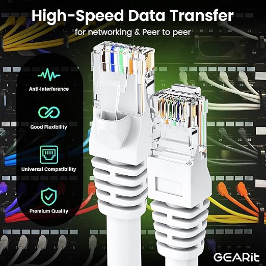 GEARit Cat 6 Ethernet Cable (10-Pack 3 Feet) Cat6 Network Patch, 10Gbps, RJ45, Snagless Cord, Gold-Plated Connectors, Internet for PC, TV, Tablet, Router, Printer, Servers, IT Data Center - White