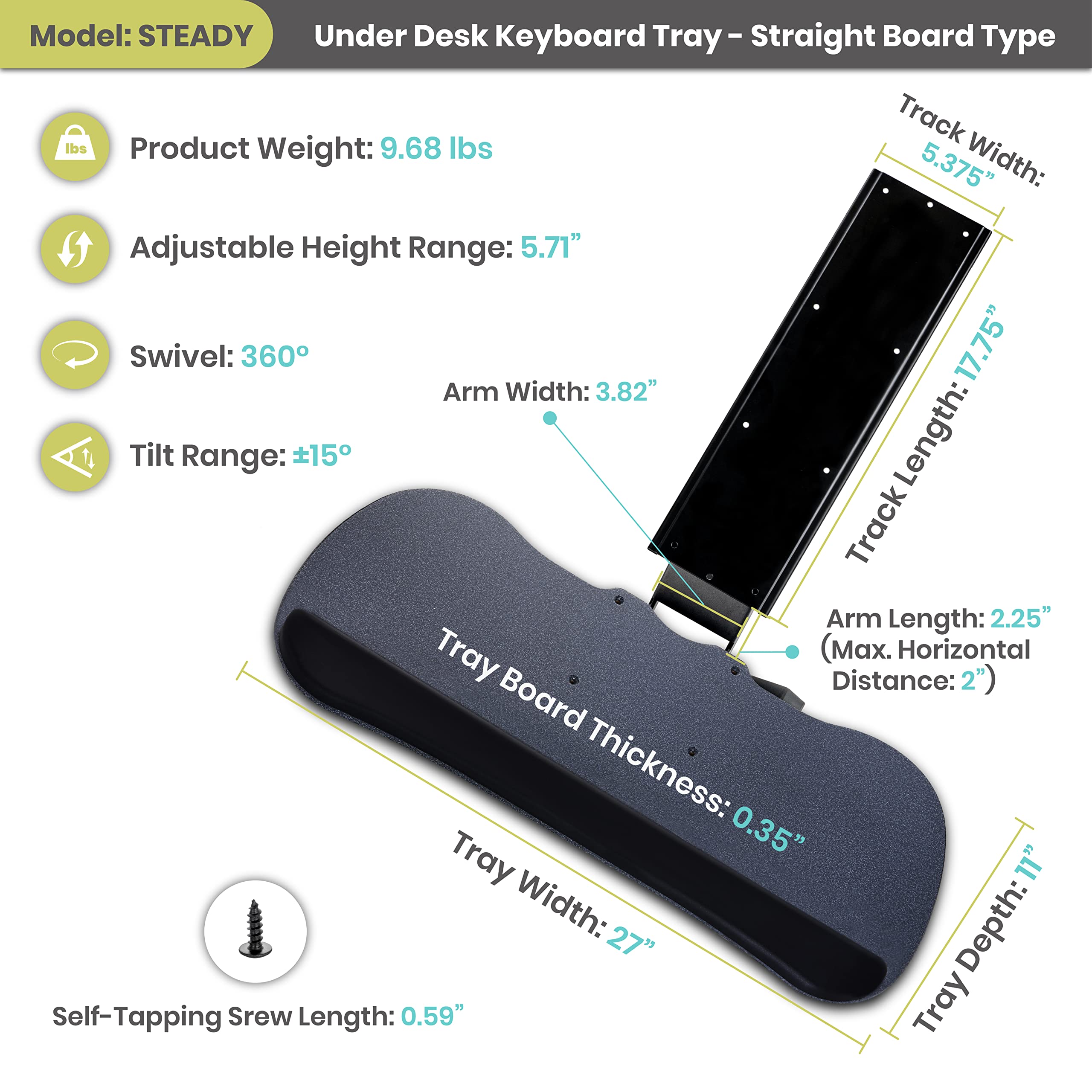 FERSGO Under Desk Keyboard Tray, 27" x 11" Tray, 17.75" Track, One Knob Control, Undermount Sliding Computer Keyboard with Wrist Rest, Adjustable Height and ±15° Tilt