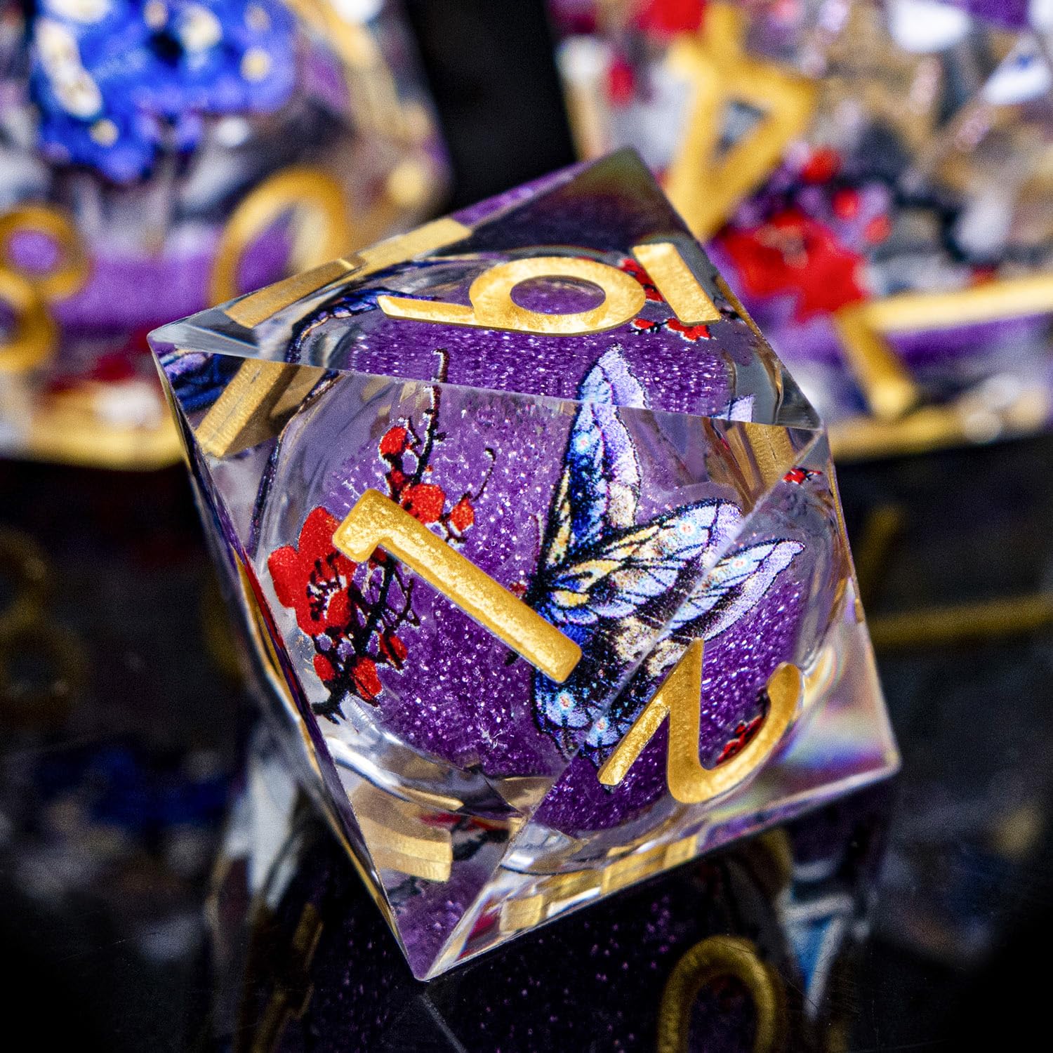 Butterfly DND Dice Purple Liquid Core Dice Set with Metal Box, Handmade Sharp Edge D and D Polyhedral Dice for use with D&D Role Playing Game, D20 D12 D10 D8 D6