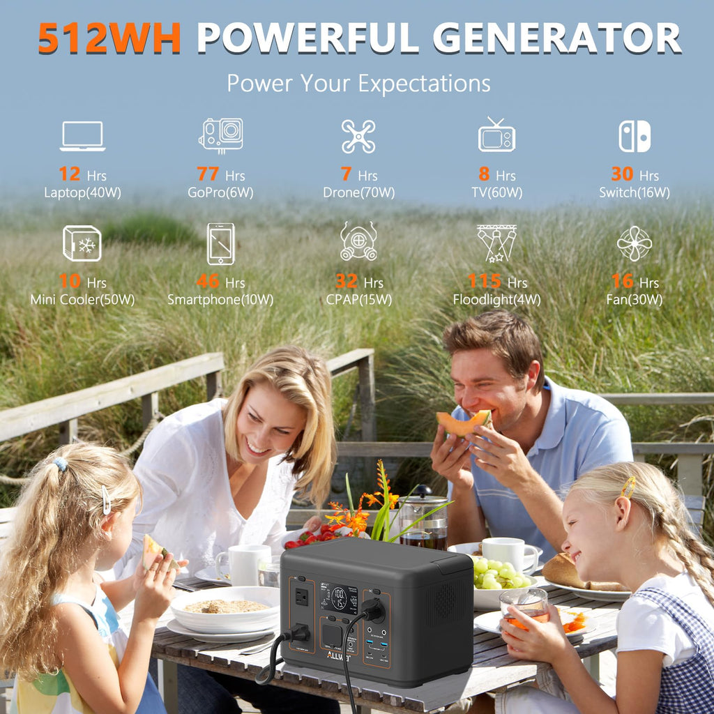 ALLWEI 500W Solar Generator with 100W Solar Panel, 512Wh LiFePO4 Battery, Portable Power Station with UPS, 1000W Surge, Backup Power for Home Blackout, Camping, Outage and Road Trip, Emergency Outdoor