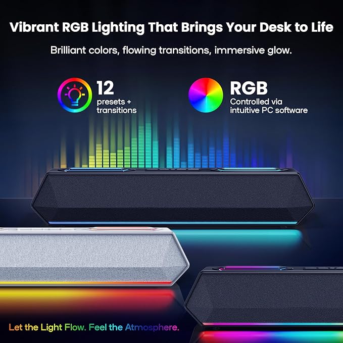 Deeyaple Computer Speakers, 40W Wireless Soundbar for Desktop PC with Bluetooth 5.3 & USB Audio, Dynamic RGB Lighting, Software Custom EQ, External Power Adapter Gaming Speakers, Laptop, Xbox (Black)