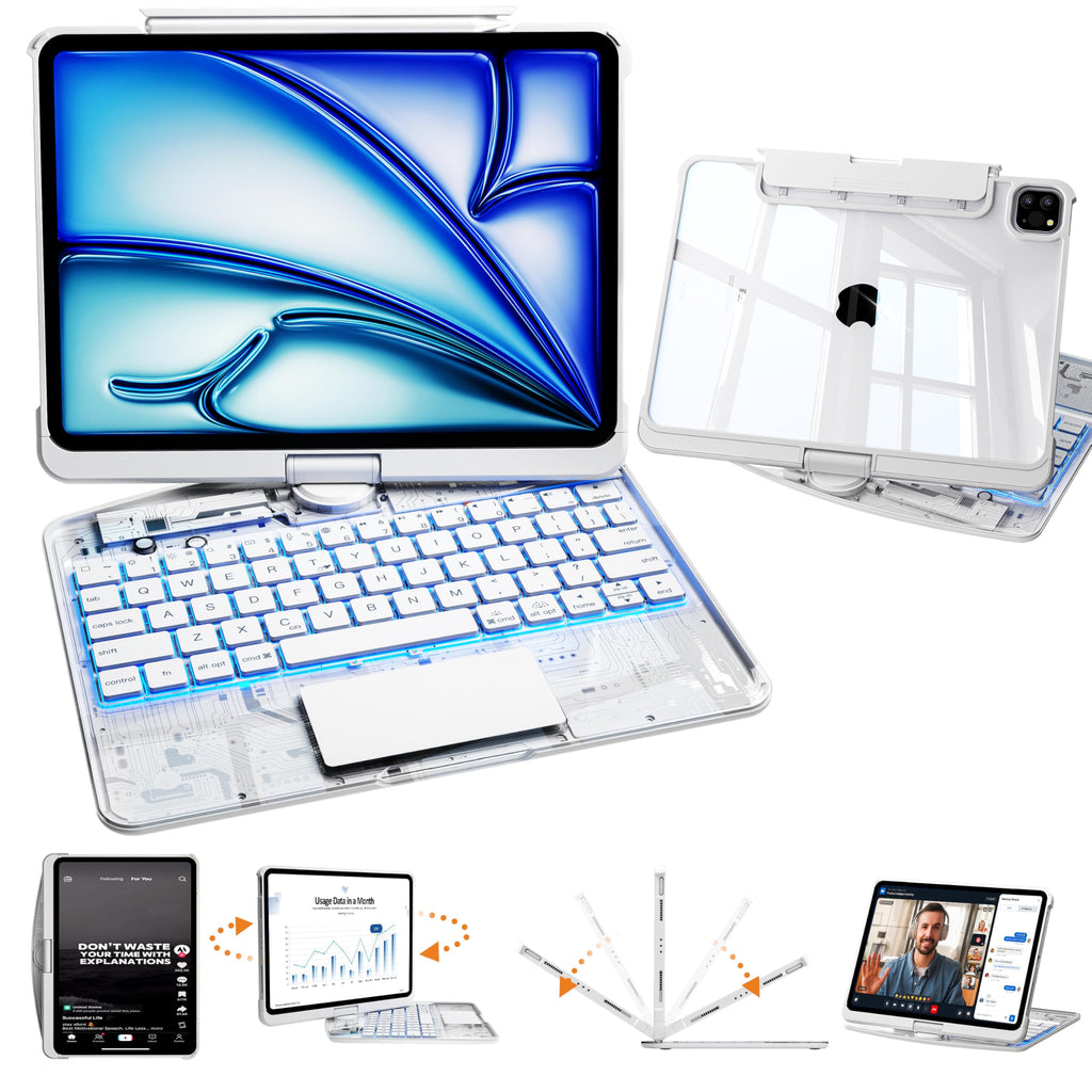 Uminy Clear Keyboard Case for iPad Air 13 & Pro 12.9, 360° Rotation, White