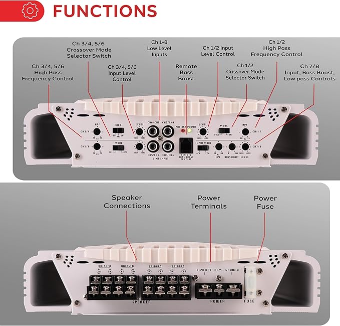 Pyle Hydra Marine Amplifier - Upgraded Elite Series 3000 Watt 8 Channel Bridgeable Amp Tri-Mode Configurable, Waterproof, MOSFET Power Supply, GAIN Level Controls and RCA Stereo Input - PLMRA830BT