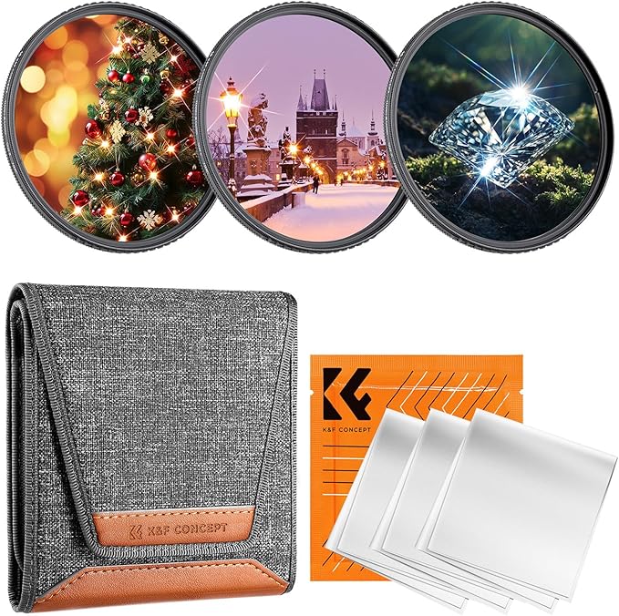 K&F CONCEPT 55mm Star Filters Kit (3pcs) 4 Points 6 Points 8 Points Cross Screen Starburst Filters Set -18 Layer Coating Ultra Slim Optical Glass Camera Lens Filter with 3 Cleaning Cloth