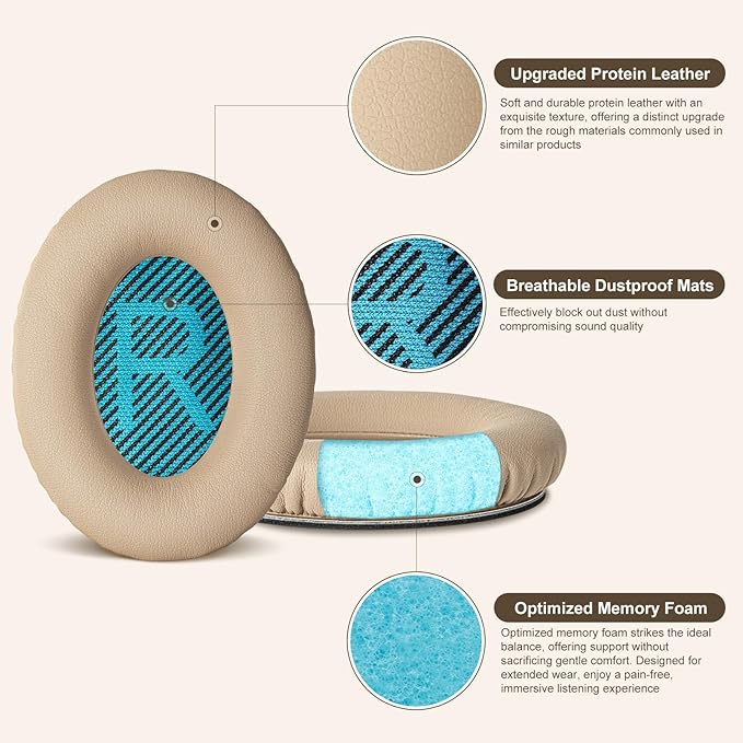 Aurivor Replacement Ear-Pads Cushions for Bose QuietComfort (QC) 35 35ii 25 15 2 and More Headphones, Upgraded Covers with Soft Protein Leather, Reinforced Sealing, Optimized Memory Foam (Brown)