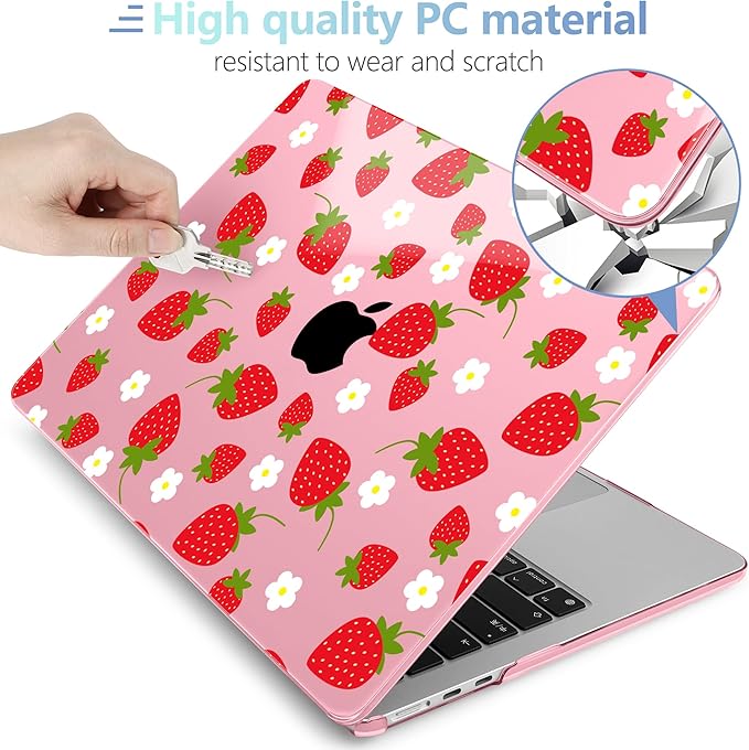 MEEgoodo for M4/M3/M2 MacBook Air 15.3 inch Case 2025 2024 2023, Case Fit Model (A3241/A3114/A2941) for MacBook Air 15 inch, Laptop Hard Shell with Keyboard Cover, Strawberries & Flowers