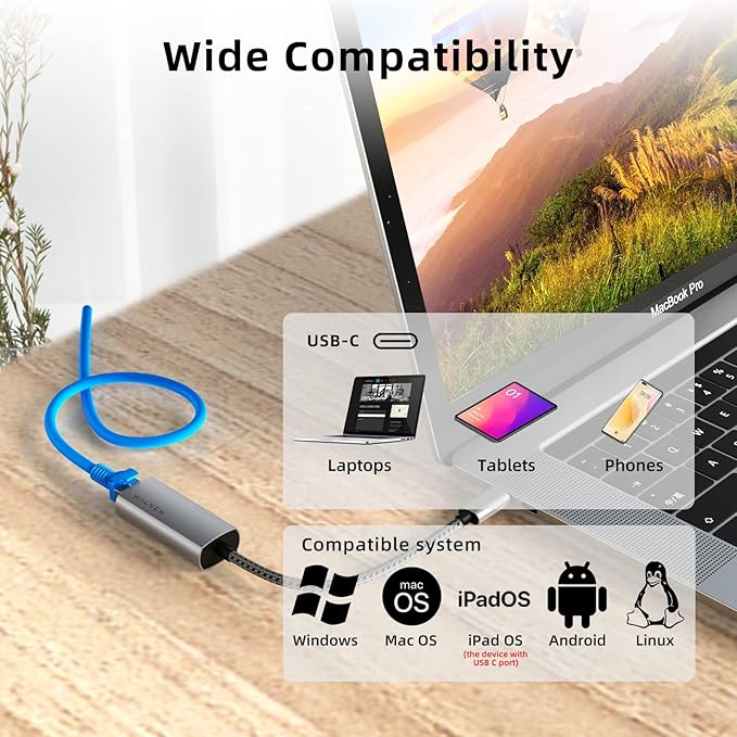 USB-C to Ethernet Adapter, WALNEW USBC to RJ45 LAN Adapter, Gigabit Cat Network Cable Converter to Type C Thunderbolt 3 for Mac,MacBook Pro/Air,Samsung Galaxy Tab (Ethernet Port, 2-Pack USB-C)