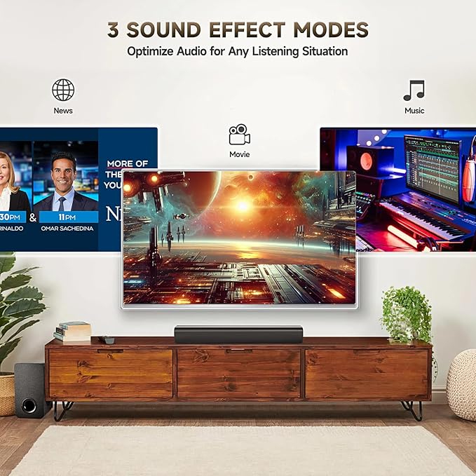 Sound Bar Speakers Bluetooth Wireless, TV Speakers Sound Bar Subwoofer, Home Theater Surround Sound Bar HDMI(ARC) Optical AUX USB 2.1ch Home Audio Sound System TV PC Wall Mount, Ebblack